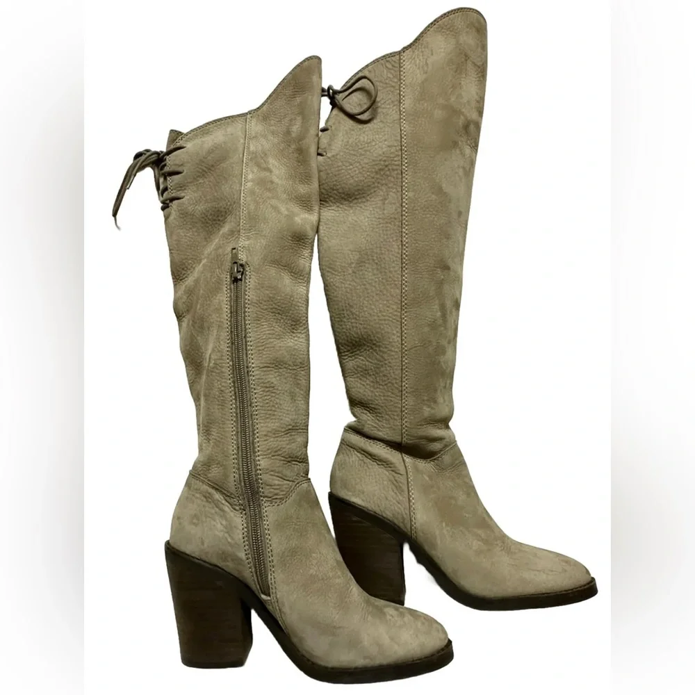 Lucky Brand Womens Size 5 Knee High Light Taupe Nubuck Leather Lace Up Boots